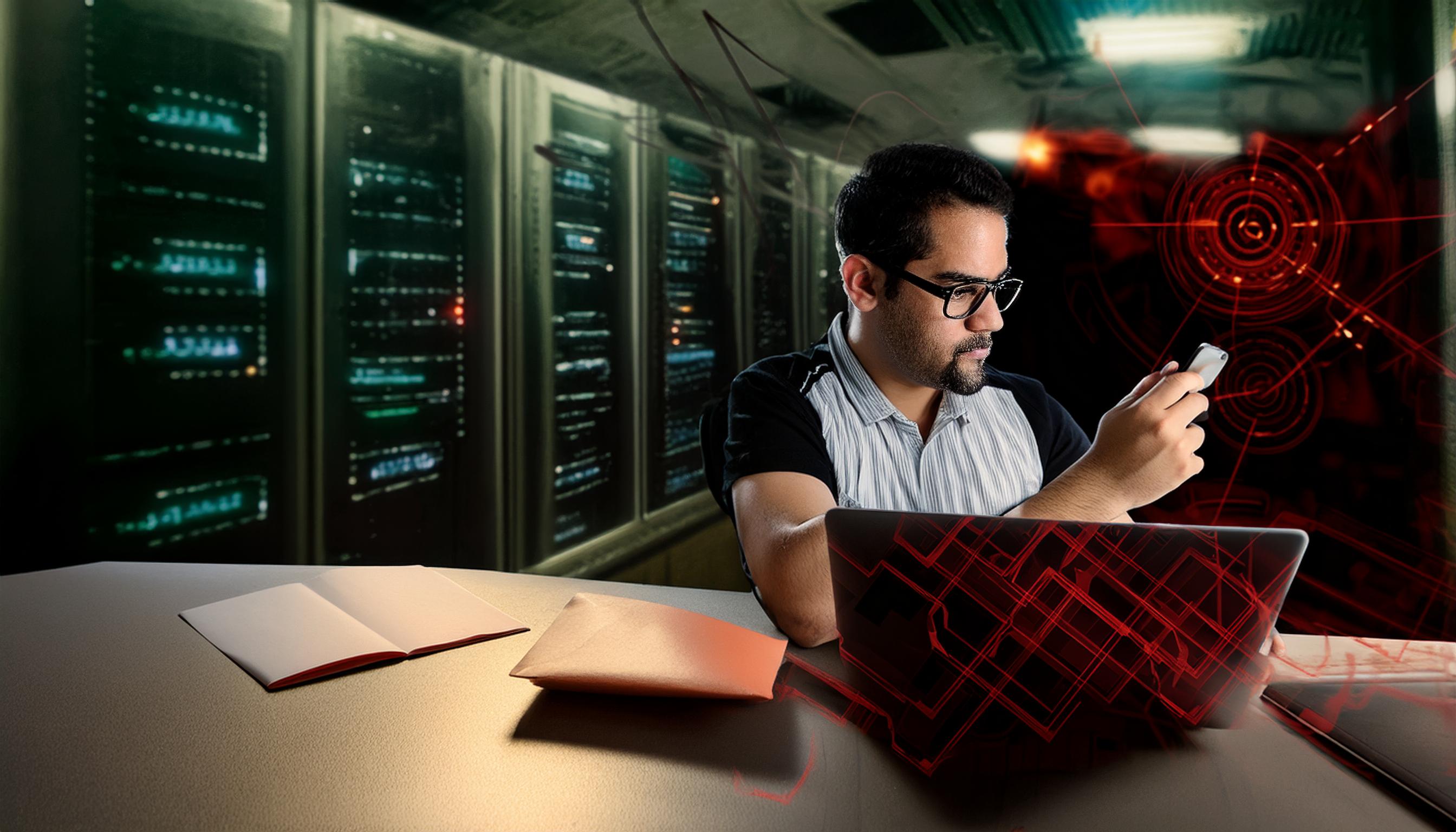 man using phone in server room